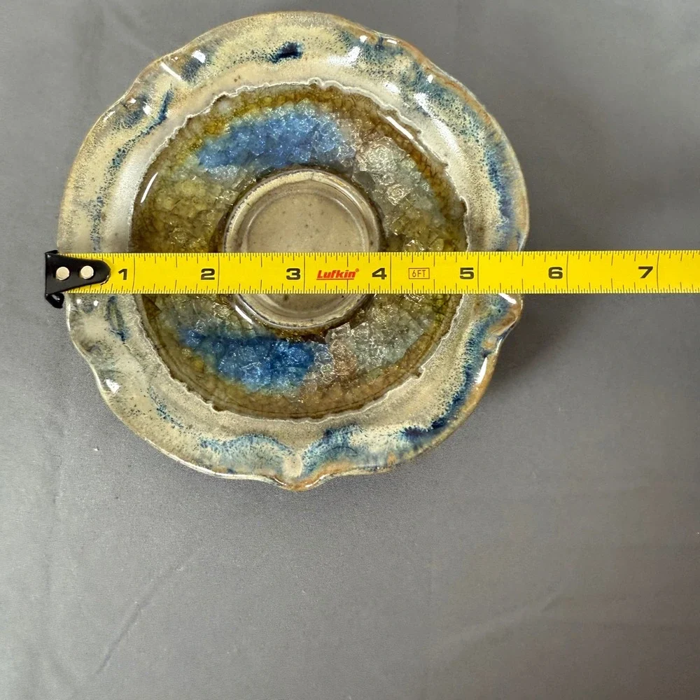 Studio Art Pottery Geode Tealight‎ Candle Holder Blue Earth Tones Raku Style
